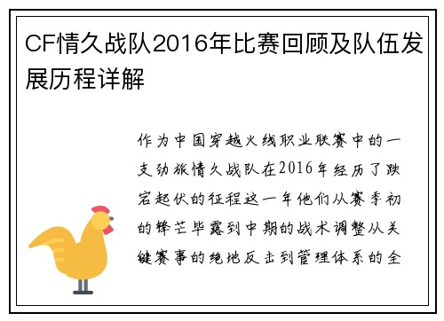 CF情久战队2016年比赛回顾及队伍发展历程详解