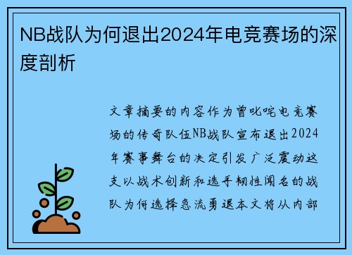 NB战队为何退出2024年电竞赛场的深度剖析