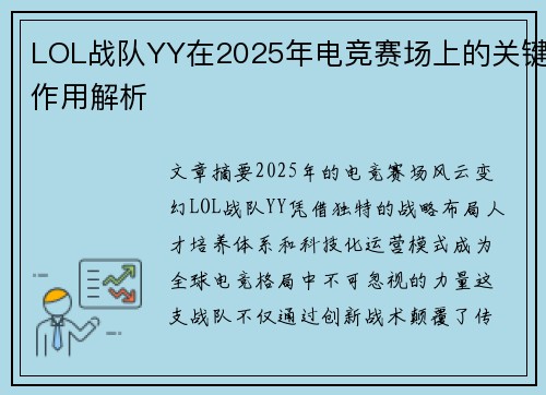 LOL战队YY在2025年电竞赛场上的关键作用解析